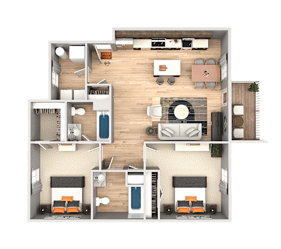 A top-down view of a house layout with two bedrooms, a living room, a kitchen, and a bathroom.