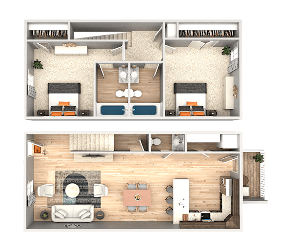 A top-down view of a two-bedroom apartment with a living room, kitchen, and bathroom.