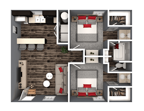 A 3D floor plan of a small apartment with a kitchen, living room, and bathroom.