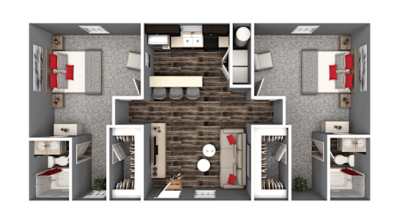 A 3D floor plan of a small apartment with a kitchen, living room, and bedrooms.