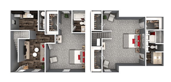 A floor plan of a two-story residential building with a living room, kitchen, bedrooms, and bathrooms.