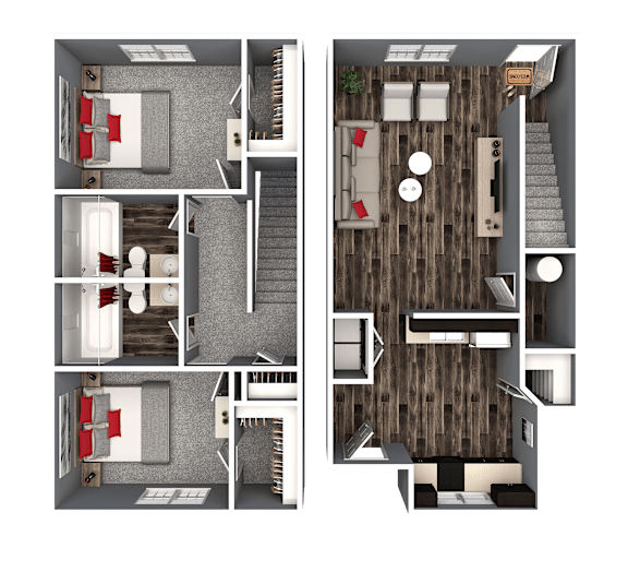 A set of four images showing different views of a small apartment layout.