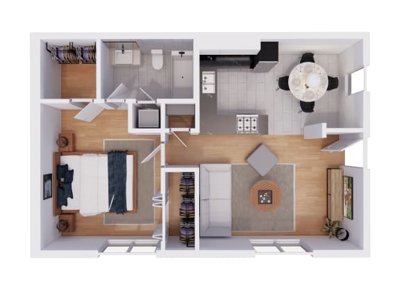 a 3d floor plan of a house with a bedroom and a living room