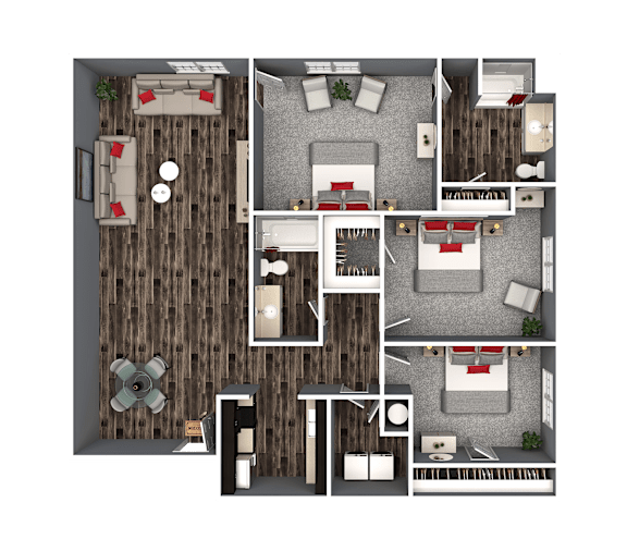 A 3D floor plan of a house with multiple rooms and furniture.