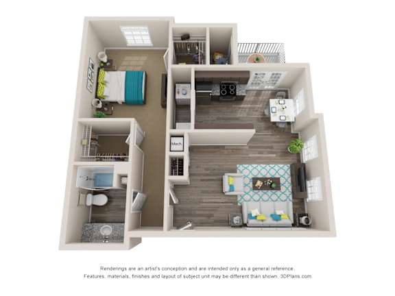 A 3D floor plan of a small apartment with a kitchen, living room, and bedroom.