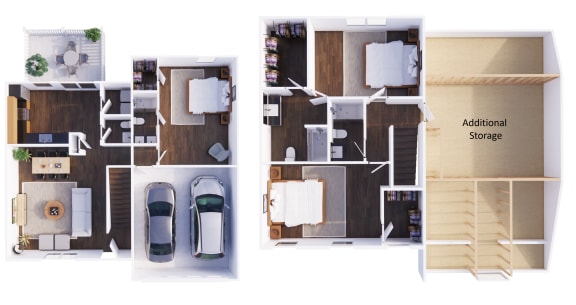3x2 floor plan with a two car garage and additional storage.