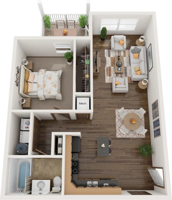 a rendering of the 1 bedroom floor plan with a bathroom and a living room