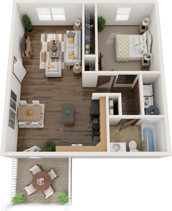 a 3d rendering of a floor plan with a bedroom and living room
