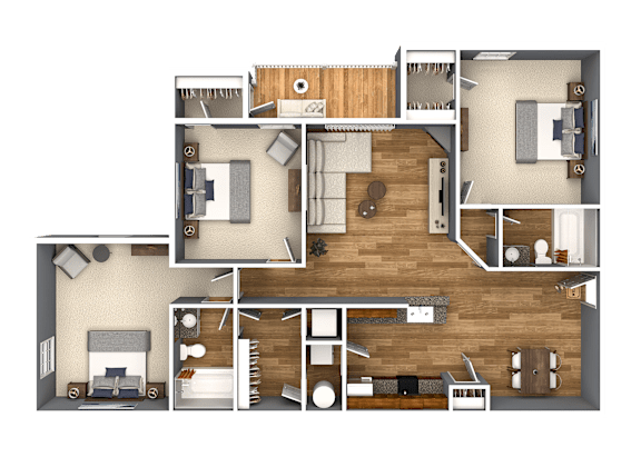 A detailed 3D floor plan of a house layout.