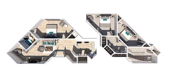 A cutaway diagram of a house showing the layout of the rooms.