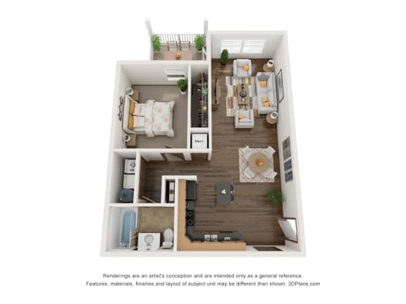 a stylized floor plan of a 1 bedroom apartment