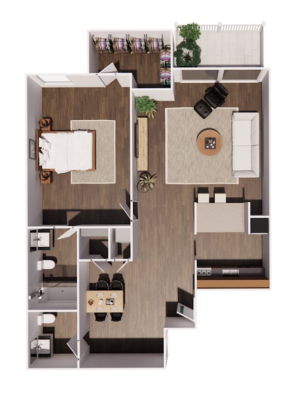 A top-down view of a house layout with a living room, kitchen, and two bedrooms.