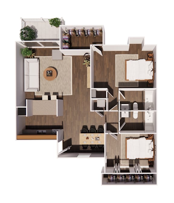 A floor plan of a house with a kitchen, living room, dining room, and two bedrooms.