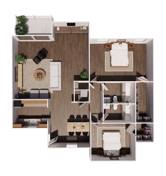 A top-down view of a modern apartment layout.