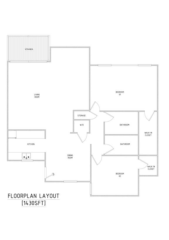 A floor plan layout of a house with a living room, dining room, kitchen, and two bathrooms.