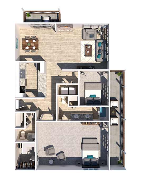 A 3D rendered image of a house layout.