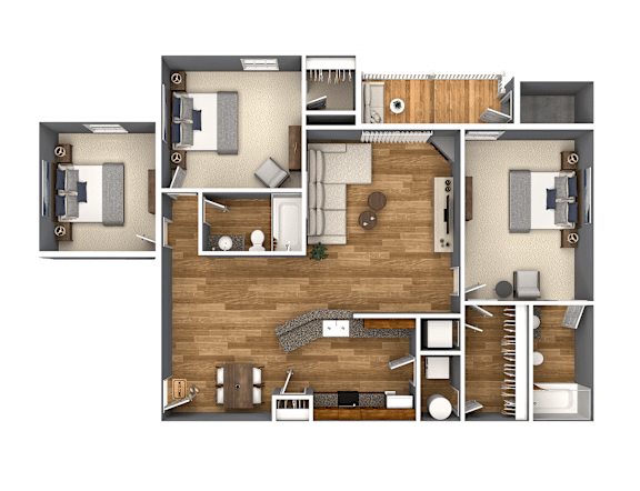 A detailed 3D floor plan of a house layout.