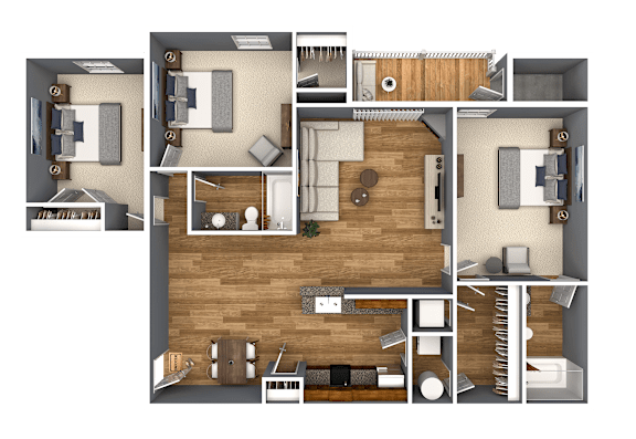 A detailed 3D floor plan of a house showing all rooms and furniture layout.