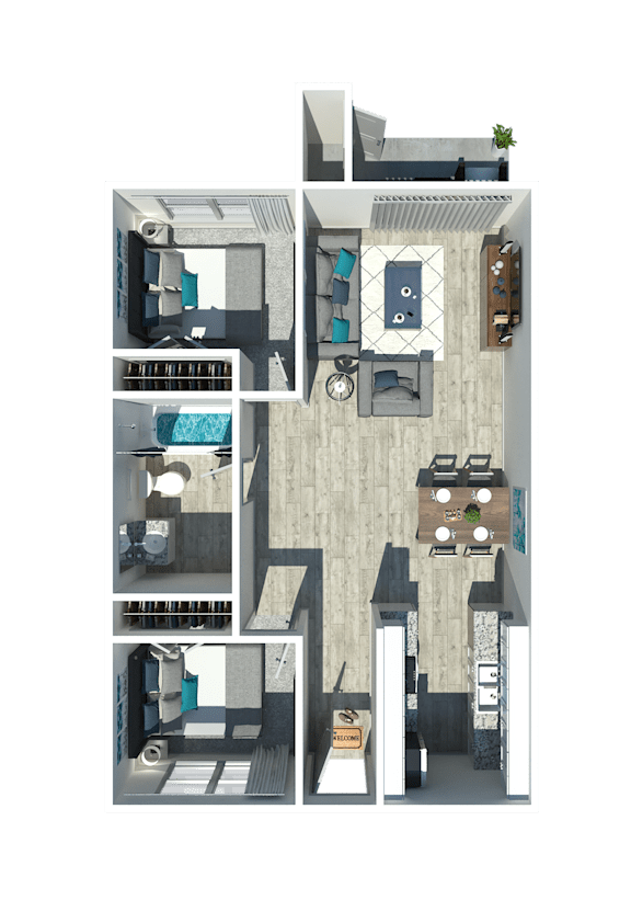 A 3D floor plan of a small apartment with a kitchen, living room, and bathroom.