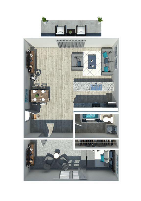 A 3D floor plan of a small apartment with a kitchen, living room, and bedroom.