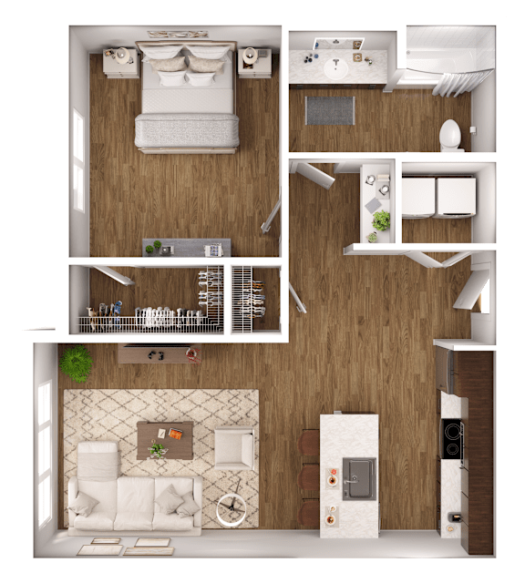 A modern apartment layout with a living room, kitchen, and bathroom.