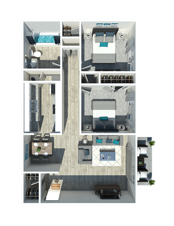 A 3D floor plan of a house with a swimming pool.