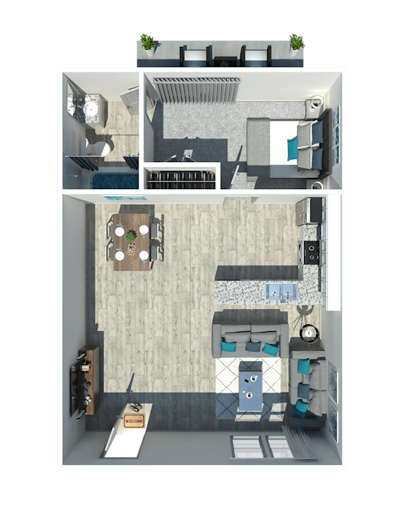 A 3D floor plan of a small apartment with a kitchen, living room, and bathroom.