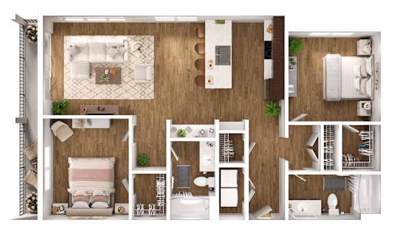 A detailed 3D floor plan of a modern apartment layout.