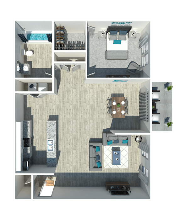 A 3D rendered image of a modern apartment layout.