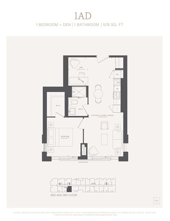 A floor plan of a 1AD apartment with a 1 bedroom, 1 den, and 1 bathroom.