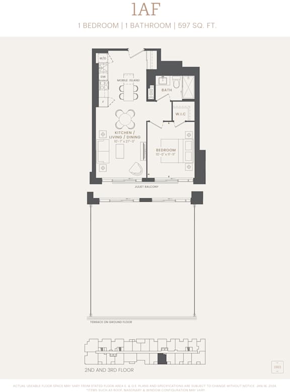 A floor plan for a 1 bedroom 1 bathroom apartment at 1A F.