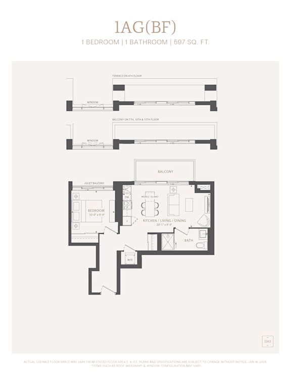 A floor plan for a 1 bedroom 1 bathroom apartment sized at 597 square feet.