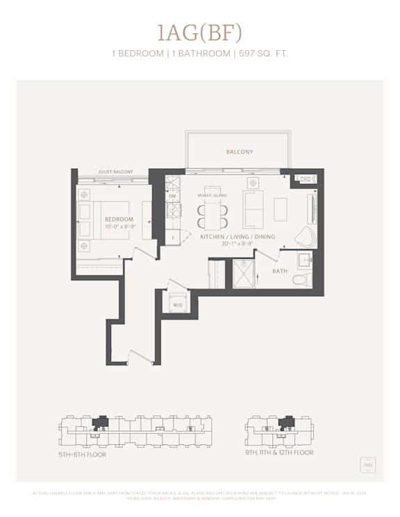A floor plan for a 1 bedroom 1 bathroom apartment sized at 597 square feet.