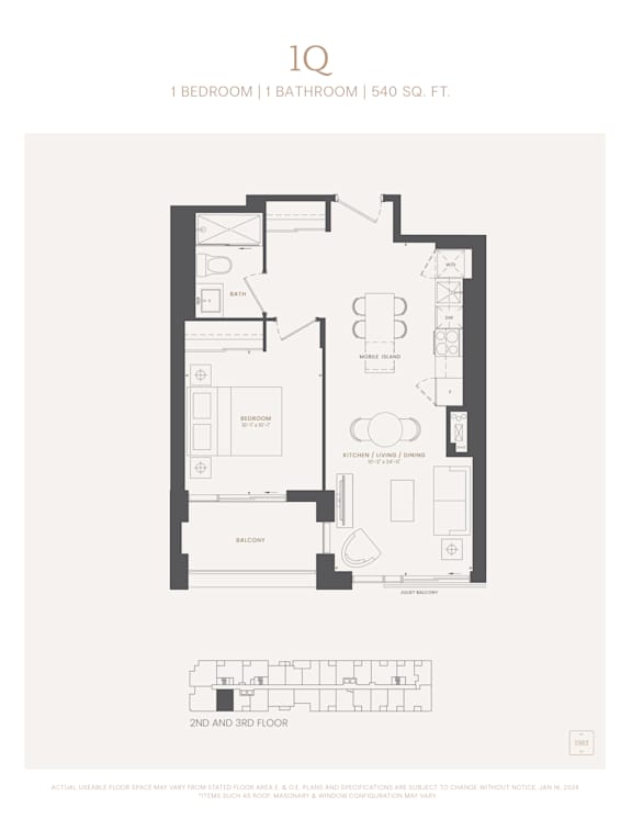 A black and white image of a floor plan for a 540 square foot apartment.