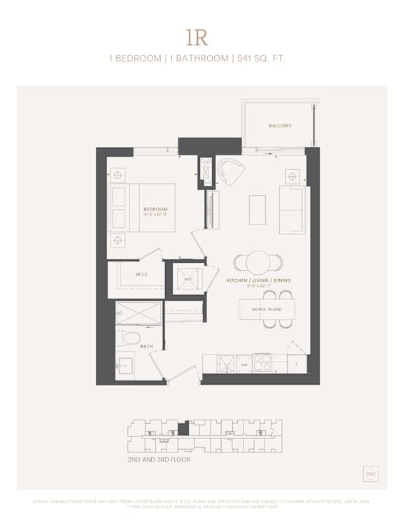 A black and white image of a floor plan for a 1 bedroom, 1 bathroom apartment.