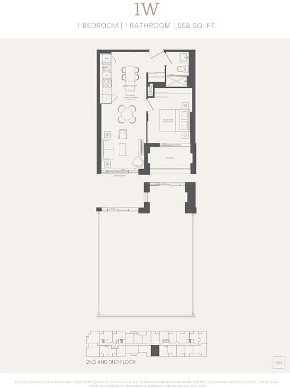 A floor plan for a 1 bedroom 1 bathroom apartment sized at 558 square feet.