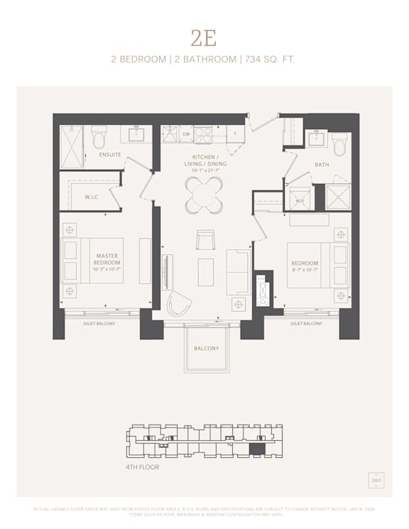 A black and white image of a 2 bedroom, 2 bathroom apartment that is 734 square feet.