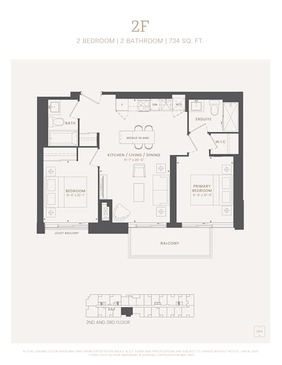 A black and white image of a 2 bedroom, 2 bathroom apartment that is 734 square feet.