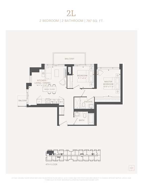 A floor plan for a 2 bedroom, 2 bathroom apartment sized at 797 square feet.