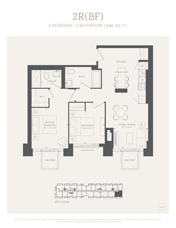 A floor plan for a 2 bedroom, 2 bathroom apartment sized 866 square feet.