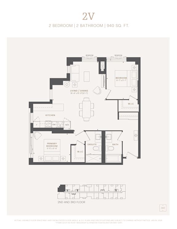 A black and white image of a 2V floor plan with two bedrooms and a bathroom.