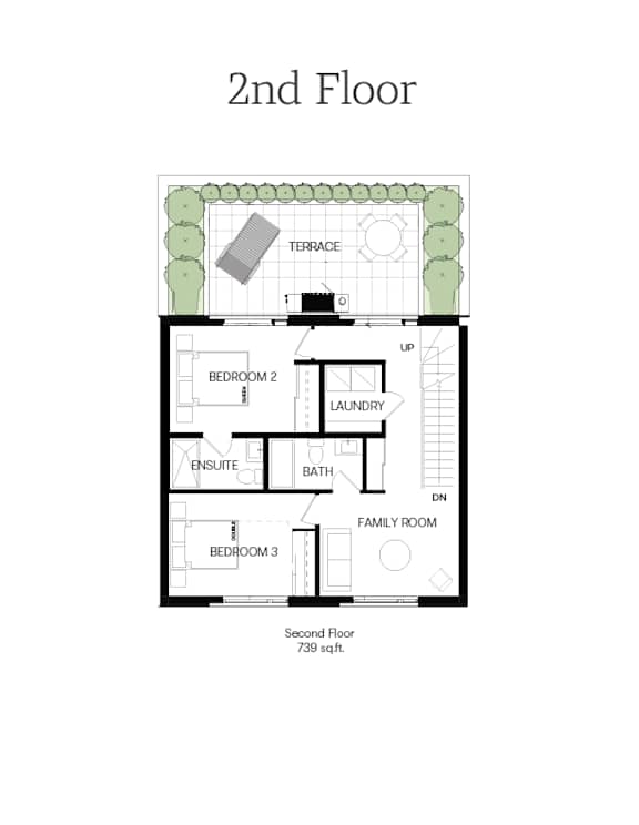 A floor plan of a 2nd floor with 3 bedrooms, a laundry room, and a bathroom.