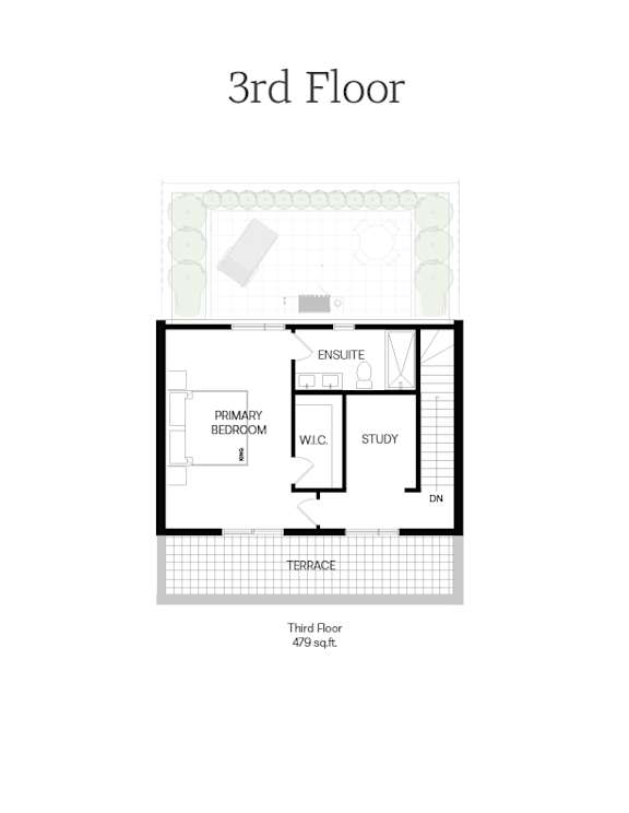A floor plan of a 3rd floor with a primary bedroom, study and ensuite bathroom.