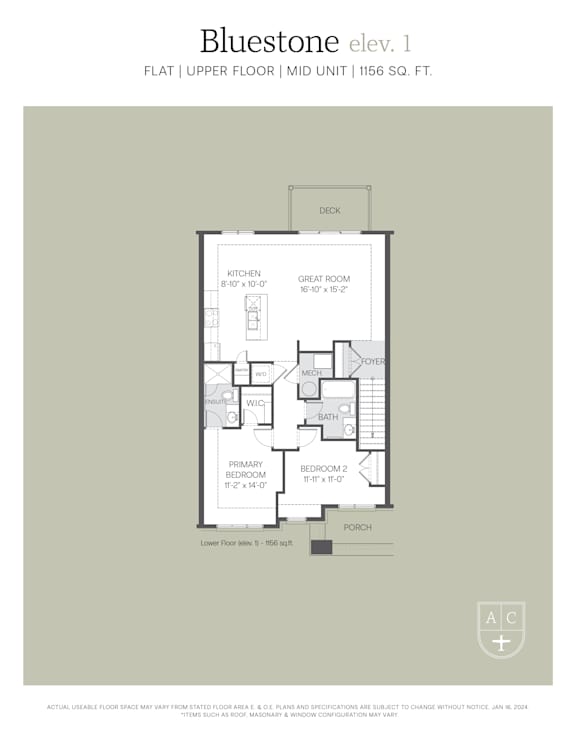 A floor plan for Bluestone elev. 1 showing a kitchen, two bathrooms, a great room, a porch, and a lower level with a den and a bedroom.