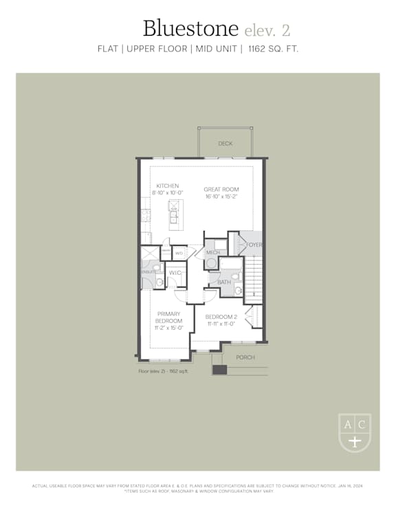 A floor plan for Bluestone elev. 2 showing the layout of the upper floor of a 1162 square foot mid unit.