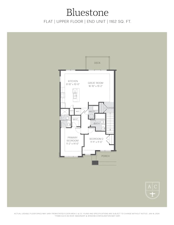 A floor plan for a Bluestone apartment shows a kitchen, two bedrooms, a bath, and a porch.