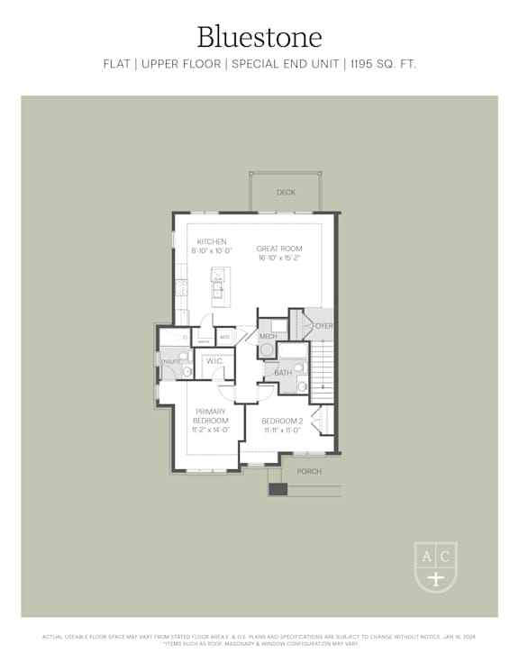 A floor plan for a Bluestone special end unit at 1195 SQ. FT.