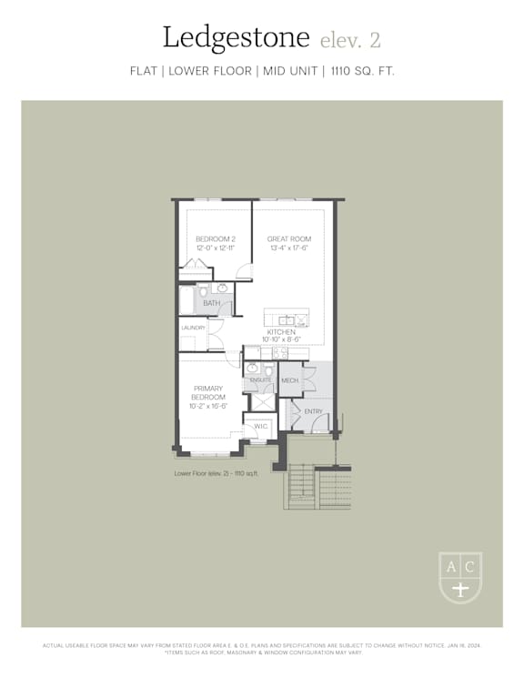 A floor plan for a Ledgestone apartment shows a bedroom, bathroom, kitchen, living room and dining room.