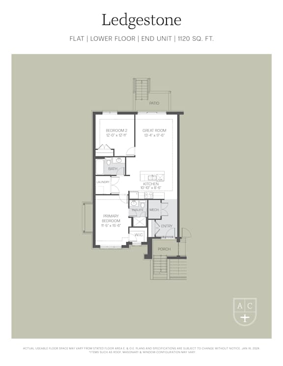 A floor plan for a Ledgestone apartment shows a bedroom, bathroom, living room, dining room, and kitchen.