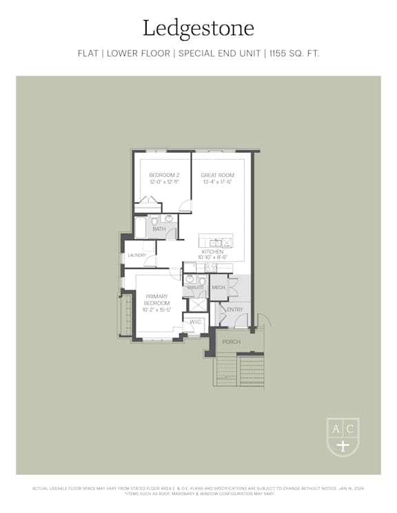 A floor plan for a special end unit in a building.